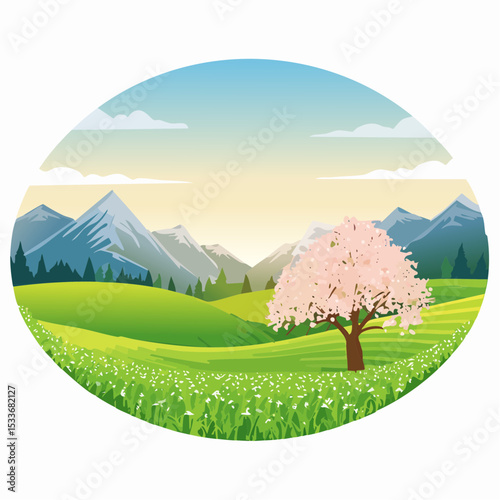 A green field with mountains in the background, a lone blooming tree against a sunrise sky