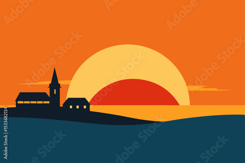 An orange sunset over the river illuminates a city skyline with a silhouetted church and distant mountains