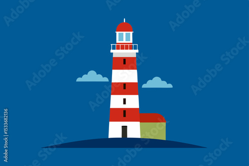 White lighthouse tower against a clear blue sky, a coastal navigation beacon