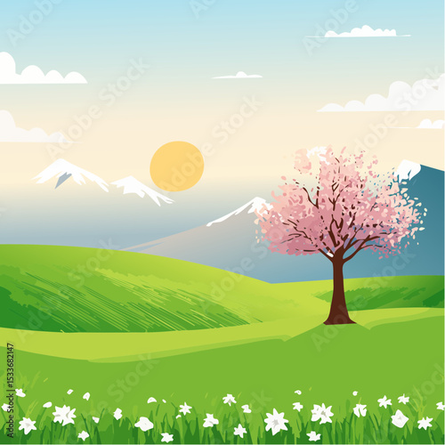 A green field with mountains in the background, a lone blooming tree against a sunrise sky