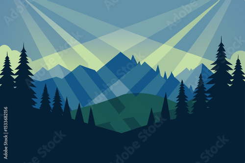 Vector illustration of a winter mountain forest landscape with pine trees and morning mist