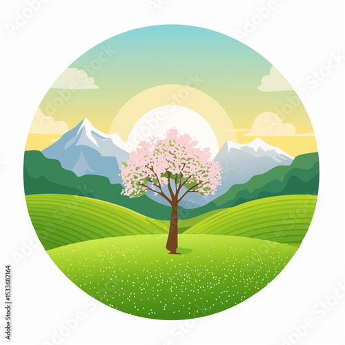 A green field with mountains in the background, a lone blooming tree against a sunrise sky