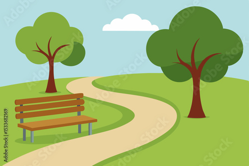 Vector illustration of a tree in a park landscape with grass, sky, and sun, perfect for spring and summer nature designs