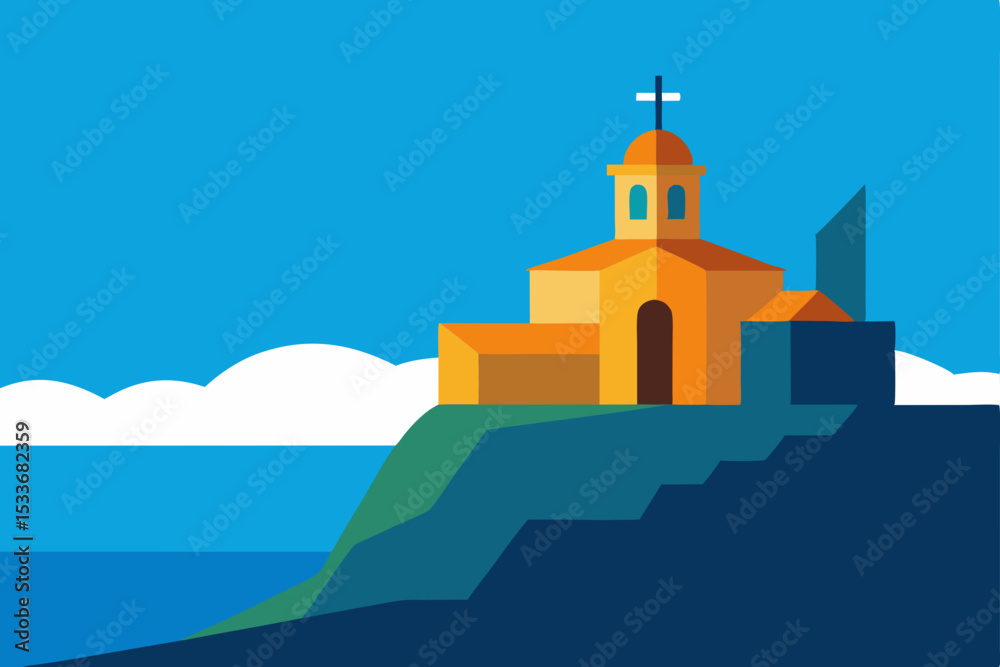 Obraz premium White Greek Orthodox church with a bell tower under the sky in Santorini, Europe