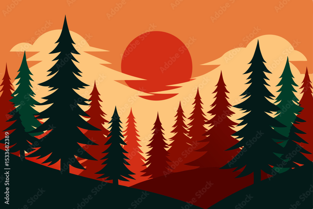 Obraz premium Winter wonderland vector illustration with a festive Christmas tree in a snowy forest landscape, perfect for holiday season backgrounds
