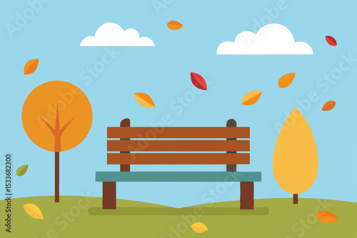 An autumn park landscape featuring a solitary bench surrounded by colorful trees and grass under a vast sky