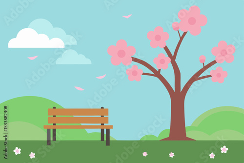 A solitary bench rests in a vibrant park landscape, surrounded by trees, flowers, and grass under a bright summer sky