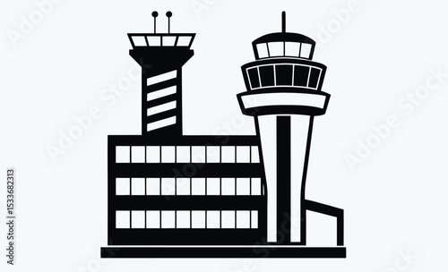 Control tower silhouette, airport tower vector