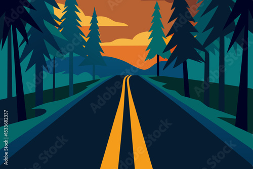 Night highway winding through a forest toward the sunset horizon, a journey of speed and perspective