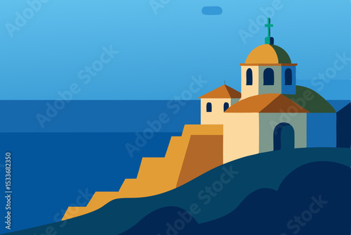White architecture of the Church of the Holy Cross in Santorini, Greece with its iconic tower against the Mediterranean sky