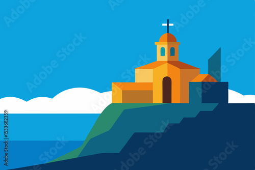White Greek Orthodox church with a bell tower under the sky in Santorini, Europe