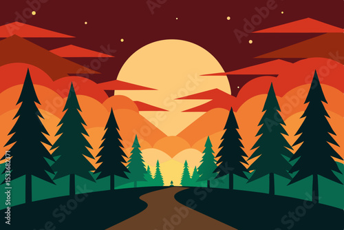 Christmas vector illustration of an autumn-winter forest landscape with snow-covered trees, mountains, and a starry night sky