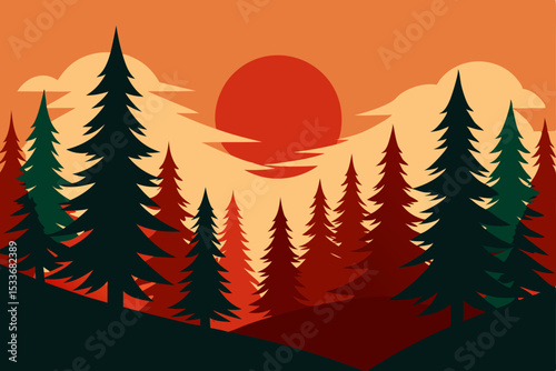 Winter wonderland vector illustration with a festive Christmas tree in a snowy forest landscape, perfect for holiday season backgrounds