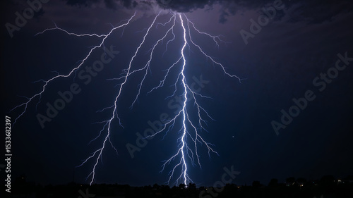 Electric lightning bolts striking from dark stormy clouds at night