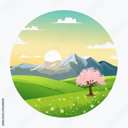 A green field with mountains in the background, a lone blooming tree against a sunrise sky