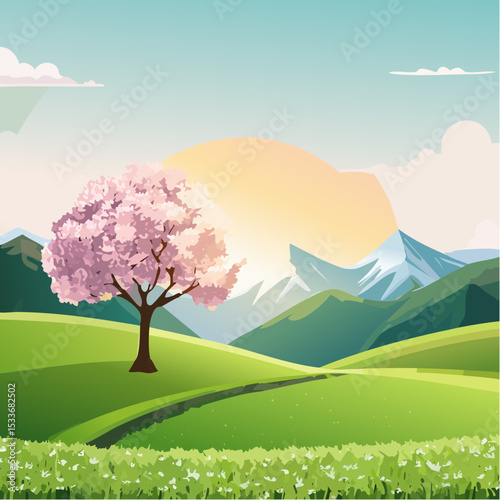 A green field with mountains in the background, a lone blooming tree against a sunrise sky