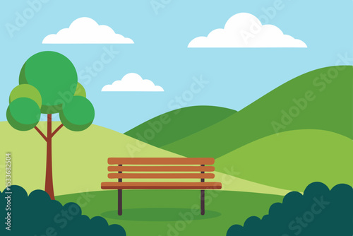 A colorful cartoon landscape featuring a lone bench in a vibrant green park, under a bright summer sky with fluffy clouds, surrounded by rolling hills, trees, and flowers