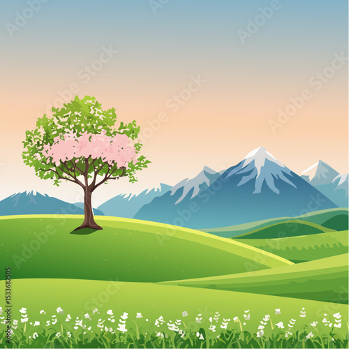 A green field with mountains in the background, a lone blooming tree against a sunrise sky