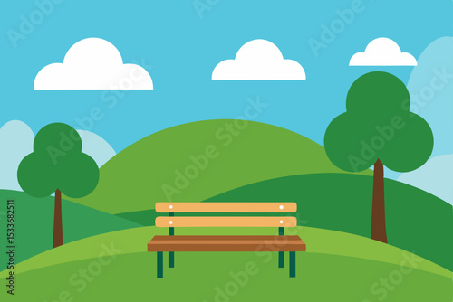 A serene summer day in the park features a lone bench amidst a vibrant green grass meadow, under a blue sky with fluffy clouds, bordered by trees and distant mountains, an idyllic nature landscape ill