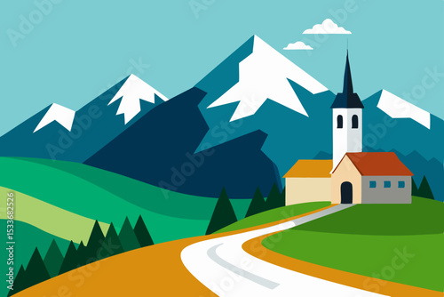 A vibrant cartoon vector illustration depicts a rural village landscape with a charming church, houses, and trees under a summer sky