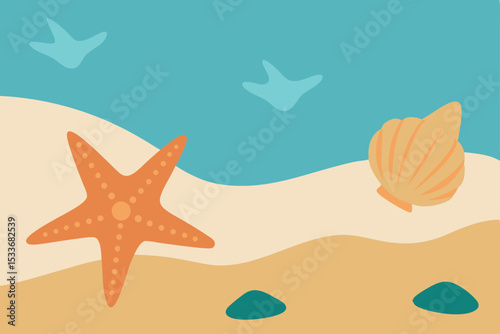 A vibrant vector illustration captures the essence of summer, featuring a red starfish and diverse seashells nestled on a tropical beach with the ocean waves