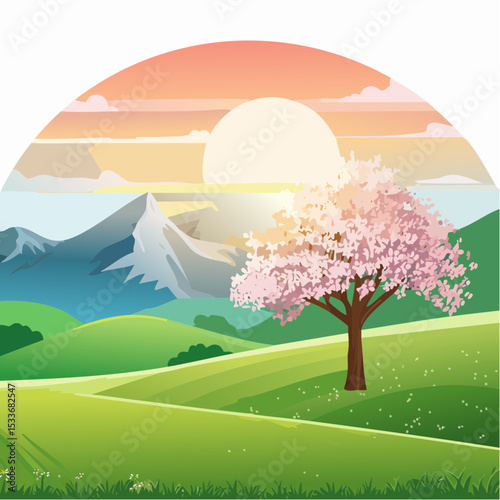 A green field with mountains in the background, a lone blooming tree against a sunrise sky
