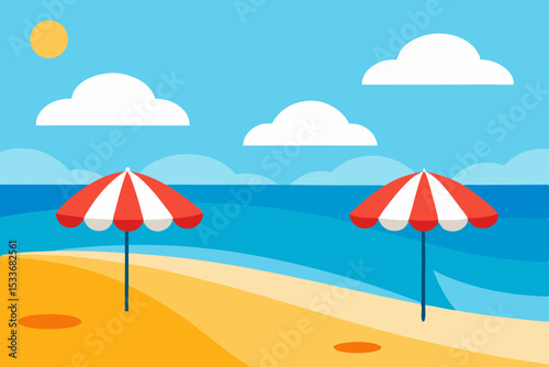 Vibrant summer beach scene with colorful umbrellas, golden sand, and sparkling ocean under a clear sky, perfect for a relaxing tropical vacation