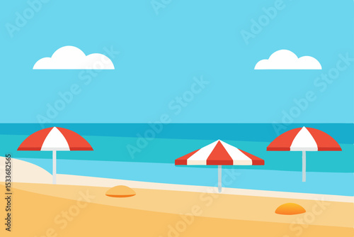 Tropical summer beach background with sun, sand, sea, and parasol