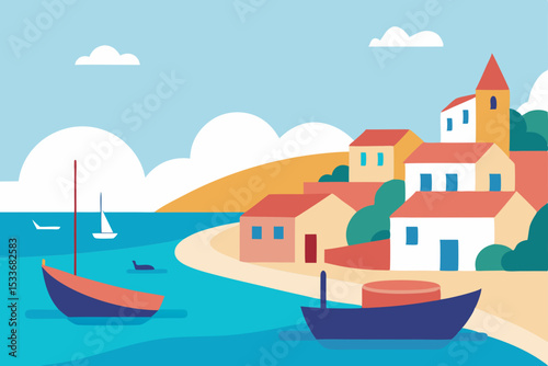 Boats sail across the summer sea and river landscapes, perfect for travel or fishing adventures