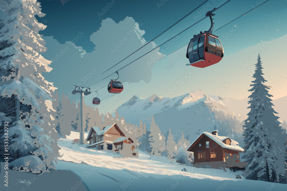 Obraz premium A picturesque winter mountain resort scene showcasing cable cars ascending snow-covered slopes. Crystal-clear skies and pristine snow blanket the majestic mountains.