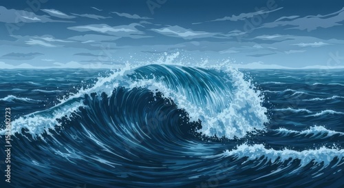 A stylized ocean wave with white spray cresting under a cloudy blue sky in an artistic rendering