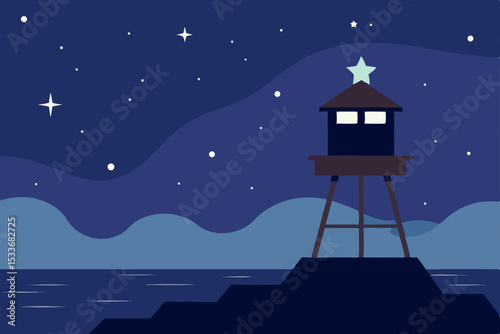 Blue light from the towering lighthouse guides hunters across the dark ocean and white beach under the summer night sky