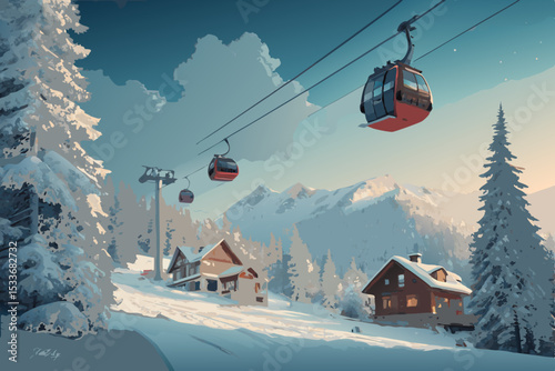 A picturesque winter mountain resort scene showcasing cable cars ascending snow-covered slopes.  Crystal-clear skies and pristine snow blanket the majestic mountains.