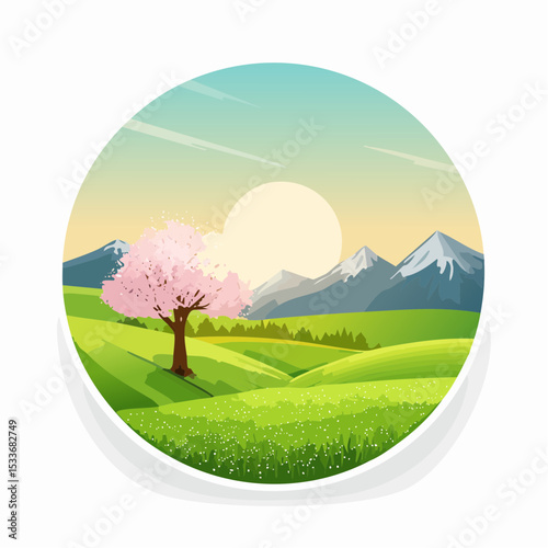 A green field with mountains in the background, a lone blooming tree against a sunrise sky