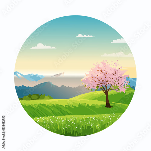 A green field with mountains in the background, a lone blooming tree against a sunrise sky