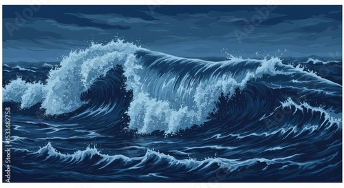 A dramatic ocean scene with large waves crashing under a cloudy and dark blue sky landscape view