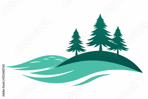Winter holiday landscape with snow-covered fir trees, a festive Christmas tree illustration, and snowy forest nature design for a New Year's celebration card