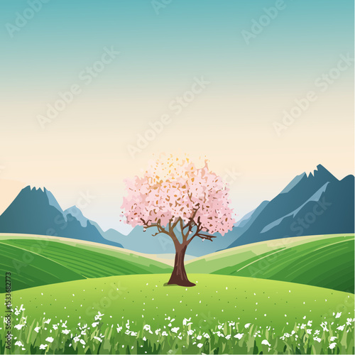 A green field with mountains in the background, a lone blooming tree against a sunrise sky