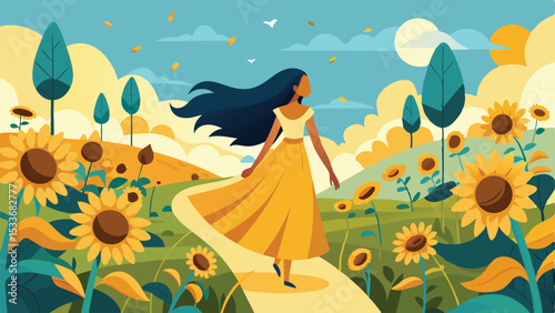 Woman walking through sunflower field illustration on a clear sky with transparency