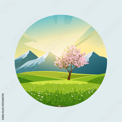 A green field with mountains in the background, a lone blooming tree against a sunrise sky