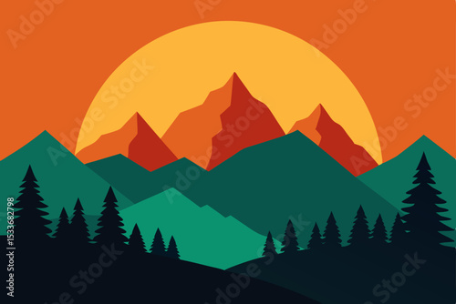A vibrant vector illustration of a mountain landscape at sunset, capturing the serene beauty of peaks, a valley, and a lone tree silhouetted against the colorful sky