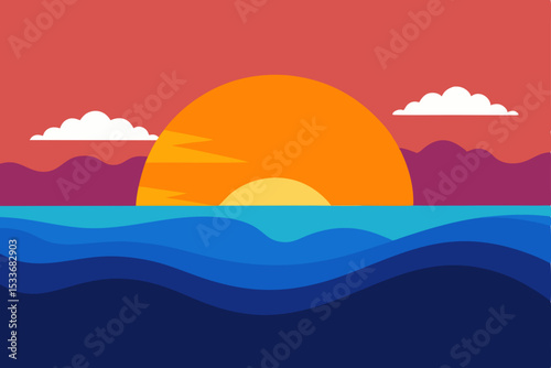 Tropical island vector illustration: vibrant sunset over the ocean, with rolling clouds and a sandy beach