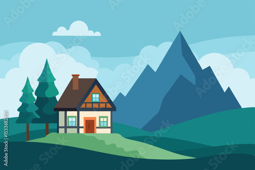 Cartoon vector illustration of a rural house on a hill in a mountain landscape with trees, sky, and fields, suitable for all seasons