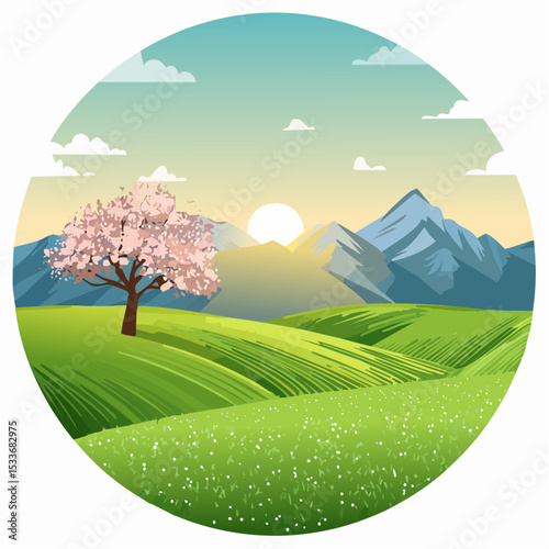 A green field with mountains in the background, a lone blooming tree against a sunrise sky