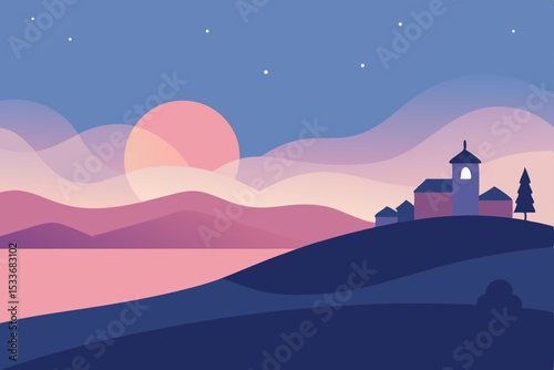 Blue silhouette lighthouse on a sea hill at sunset with an orange cloudy sky