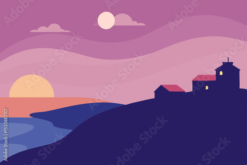 Vector illustration of a beautiful castle silhouette at golden hour, a serene landscape where sun dips below the horizon over the water