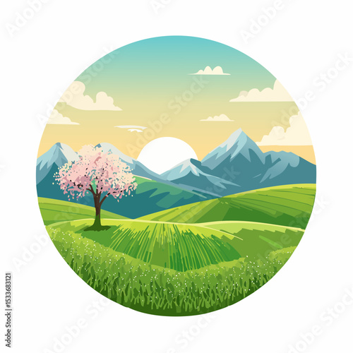 A green field with mountains in the background, a lone blooming tree against a sunrise sky