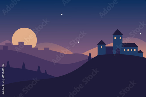 A mysterious castle stands silhouetted on a hill against the night sky, with the moon glowing over the landscape