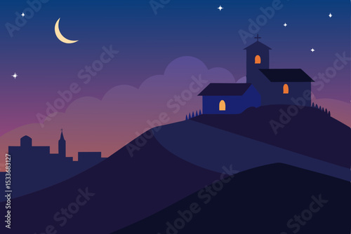 A silhouetted European castle on a hill at sunset, with a moonlit sky over the city