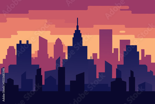 Urban American city skylines at sunset, featuring iconic New York and Chicago cityscapes